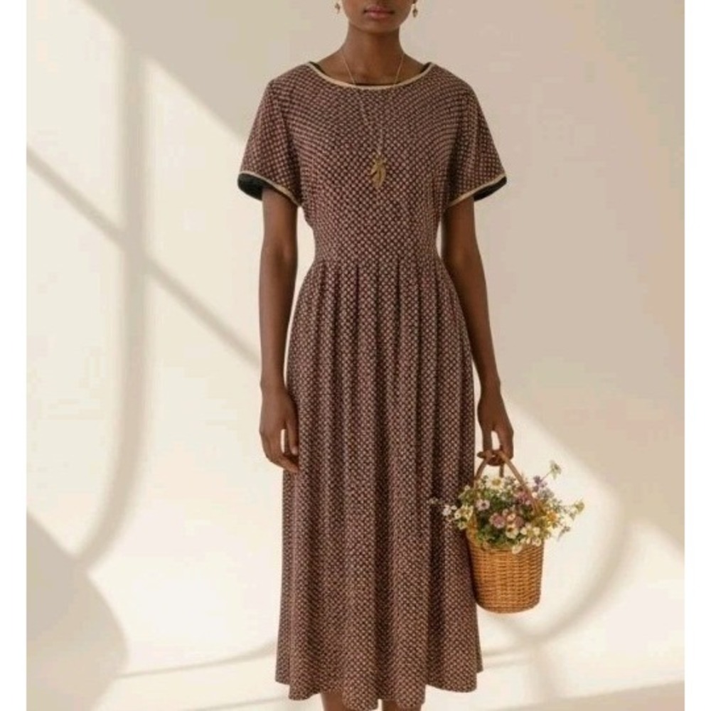 Vintage Sarah Elizabeth Dress Size 8 Modest Tie‎ Back Fall Midi Brown Black